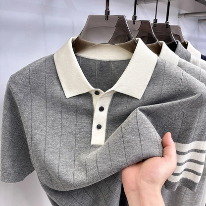 Quality Designer Brand Men Short-Sleeved Knitted Shirt Lapel Button Flax-Containing British Style Summer Leisure Men's Clothing