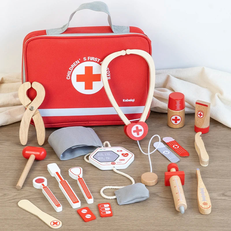 Red Wooden Doctor Toy Set - Imaginative Role Play and Fine Motor Skills for Children Aged 3 and Up Gift Box or Drawstring Bag