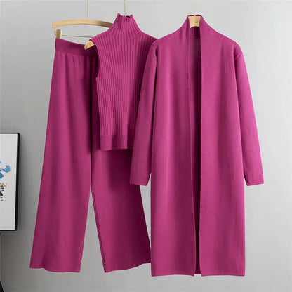 2025 Autumn Winter Women Long Cardigan 3 Piece Set Knit Pants High Neck Vest Wide Leg Trousers Outfit