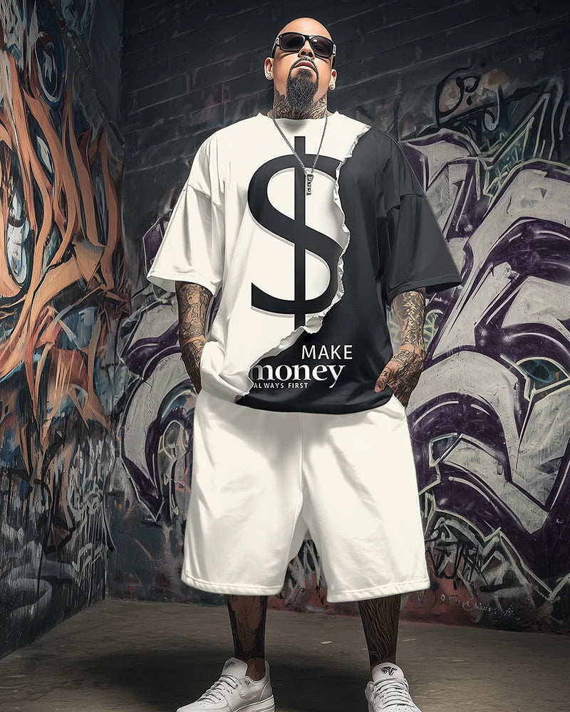 S-9XL Plus Size Men's Oversized Fit, Dollar Sign, Camo, Flame & Occult Print T-Shirt & Shorts Set, Casual Streetwear Outfit