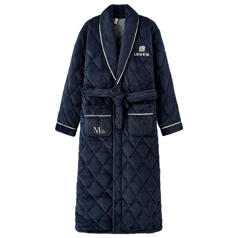 Luxury Coral Velvet 3 Layers Quilted Robes Male Thick Elegant Dressing Gown Warm Belted Bathrobe Winter Long Robe Men Bath Robe