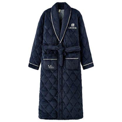 Luxury Coral Velvet 3 Layers Quilted Robes Male Thick Elegant Dressing Gown Warm Belted Bathrobe Winter Long Robe Men Bath Robe