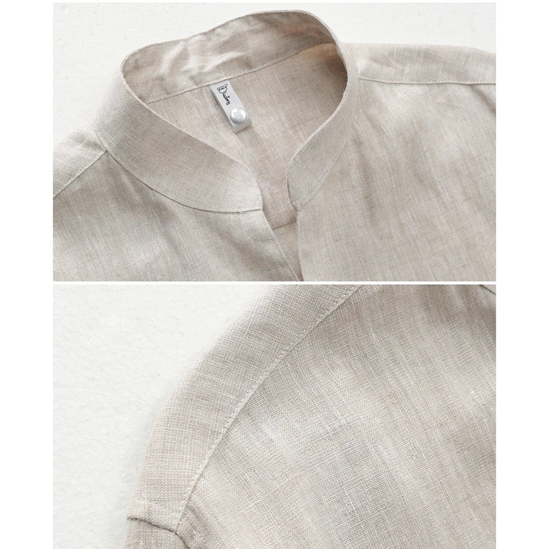 100% Linen Long Sleeve Shirt for Men Stand Up Collar Summer Loose Fit Solid Color Casual Formal Wear