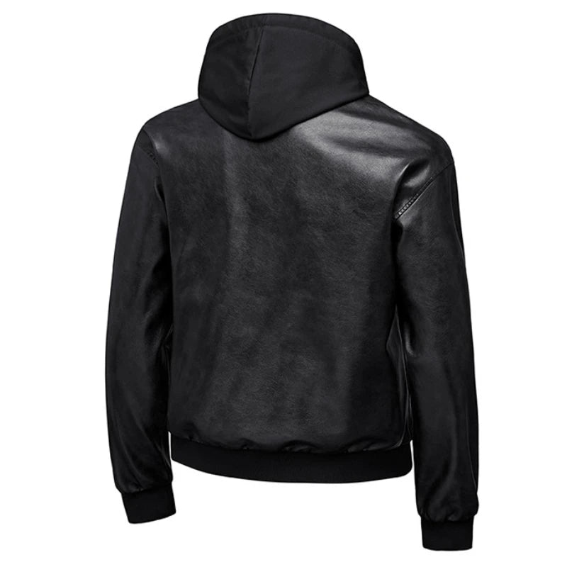 Hooded Leather Motorbiker Jacket Men's Streetwear Fake Two PU Leather Jackets Winter New Biker Coats Men Motorcycle Leather Coat
