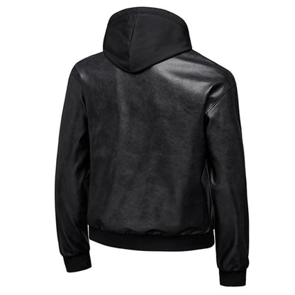 Hooded Leather Motorbiker Jacket Men's Streetwear Fake Two PU Leather Jackets Winter New Biker Coats Men Motorcycle Leather Coat