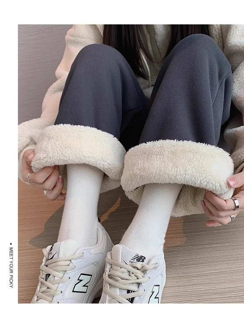 Thickened Fleece Women's Sports Pants Autumn Winter New Style Casual Loose Wide Leg Sweatpants High Waist Polyester Fiber