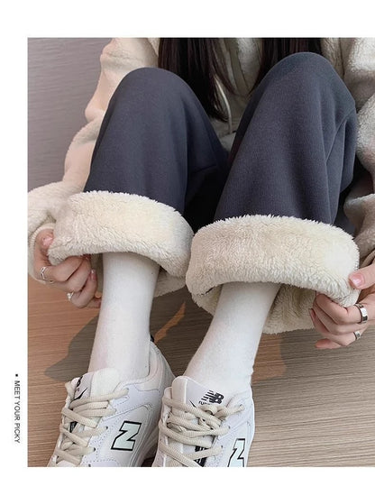 Thickened Fleece Women's Sports Pants Autumn Winter New Style Casual Loose Wide Leg Sweatpants High Waist Polyester Fiber