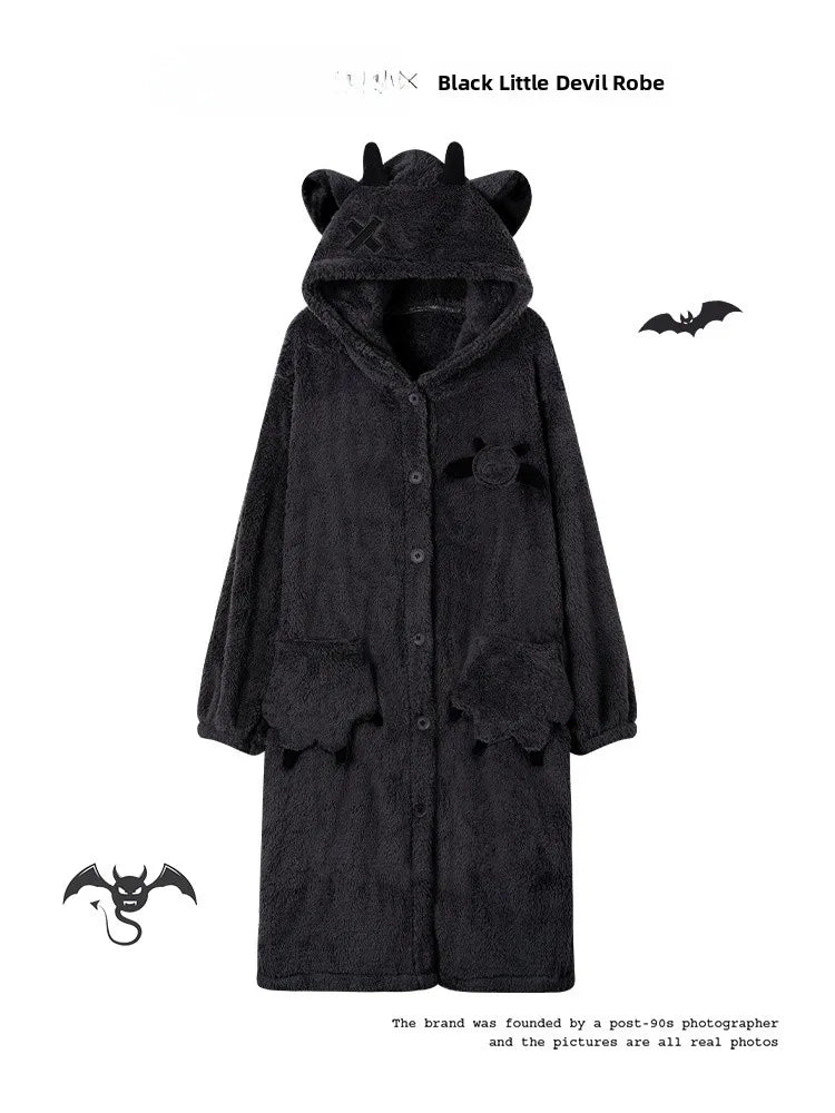 Couple's Black Coral Fleece Pajamas Thickened Fluffy Home Clothes Cartoon Pattern Unisex Long Sleeve Sleepwear for Autumn Winter