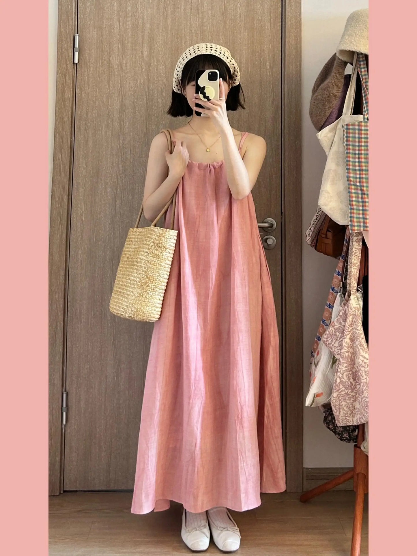 Summer Pink Strapless Maxi Dress Women's Loose plus Size Casual Slimming Skirt Sleeveless Long Dress Holiday Style