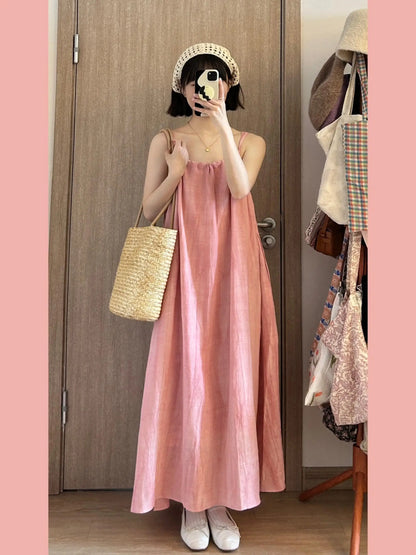 Summer Pink Strapless Maxi Dress Women's Loose plus Size Casual Slimming Skirt Sleeveless Long Dress Holiday Style