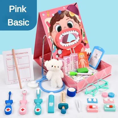 Wooden Pretend Play Dentist Educational Toys for Children Simulation Doctor Check Brush Teeth Medicine Set Role Playing Games