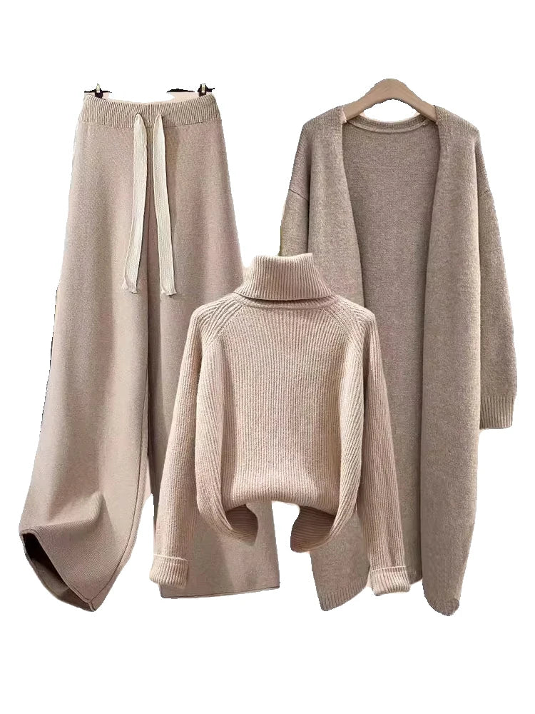 Fashionable Knitted Three-Piece Set Women's Autumn New Lazy Style Open Cardigan Outerwear Slimming Wide Leg Pants