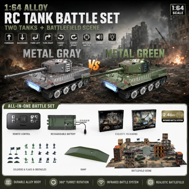 1:64 Alloy RC Tank Battle Set 2.4G Infrared Combat Tanks with Battlefield Scene Two Player Parent-Child Interactive Toy