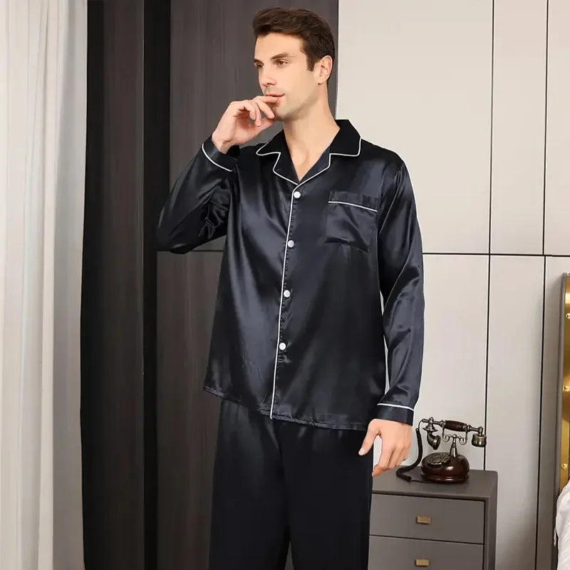 New Plus Size Solid Color Long Sleeve Pajamas Men's Artificial Silk Sleepwear Student Loungewear Cardigan Lapel Nightwear Set