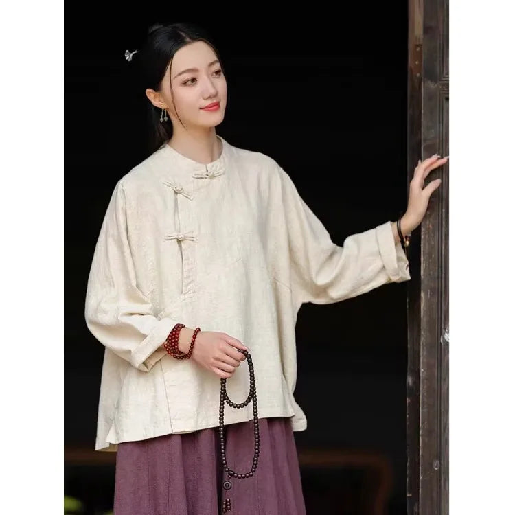 plus Size Women's Cotton Linen Shirt Spring Autumn New Style Zen Clothing Stand Collar Button up Outerwear Fashionable Commut...