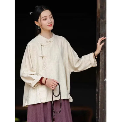 plus Size Women's Cotton Linen Shirt Spring Autumn New Style Zen Clothing Stand Collar Button up Outerwear Fashionable Commut...