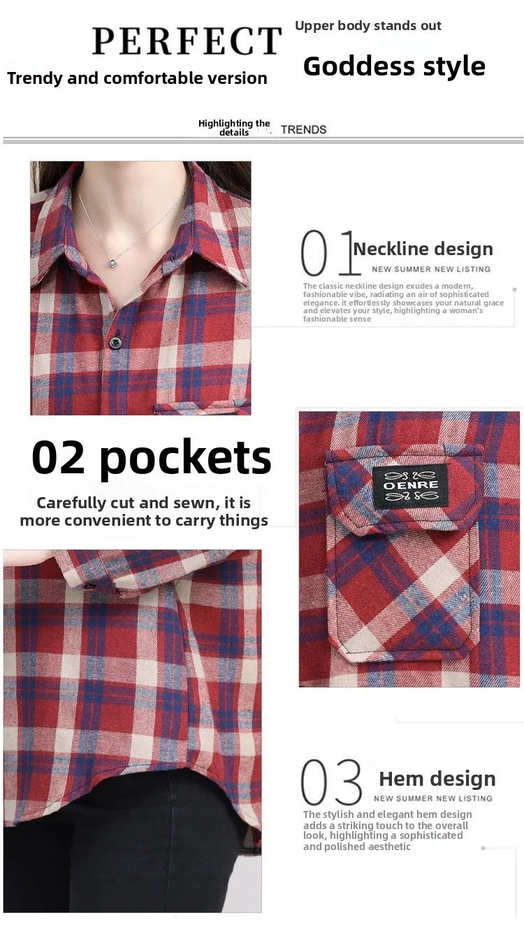 Loose Long Sleeve Mom Shirt Women's New Style Slimming Age-Defying Outerwear Versatile Early Autumn Plaid Outfit  Collar