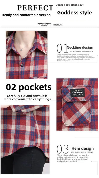 Loose Long Sleeve Mom Shirt Women's New Style Slimming Age-Defying Outerwear Versatile Early Autumn Plaid Outfit  Collar