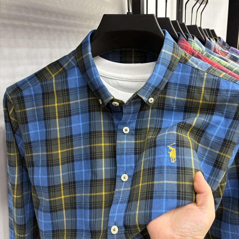 American-style Plaid Long-sleeve Shirt for Men, Pure Cotton Casual Trendy Brand Embroidered Red Shirt Top for Spring and Autumn