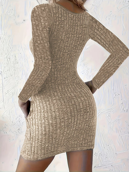 Plus Size Women's Fashion Flair Long Sleeve Double Side Pockets Textured Fabric Fitted Bodycon Dress