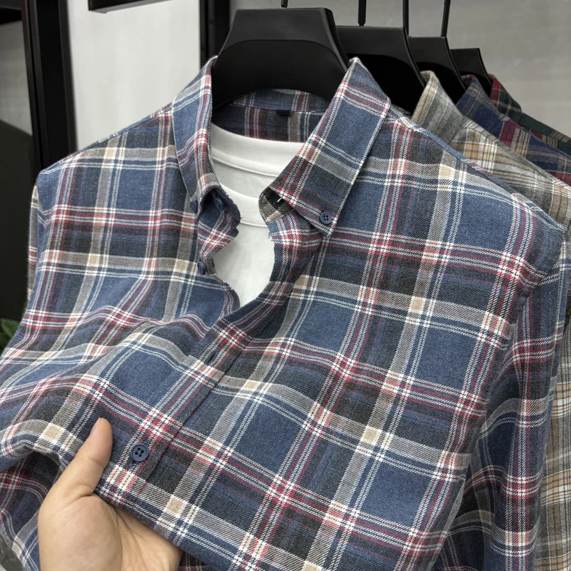 Cotton Plaid Shirt Men's Long Sleeved Spring New Loose Casual Jacket, Brushed and Iron Free Shirt Men's Clothing