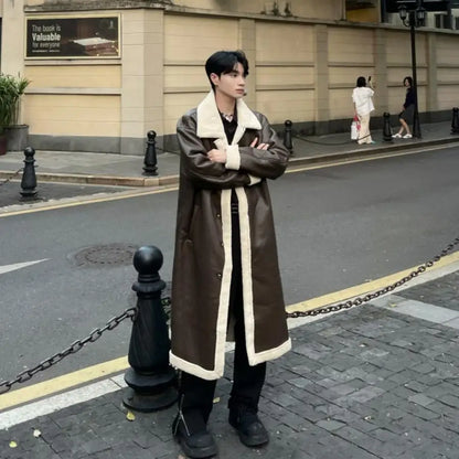New Trend Warm Long Trench Coat Men's Winter Faux Fur Lined Jacket Thicken Warm Versatile Faux Fur Coat PU Leather Overcoat New