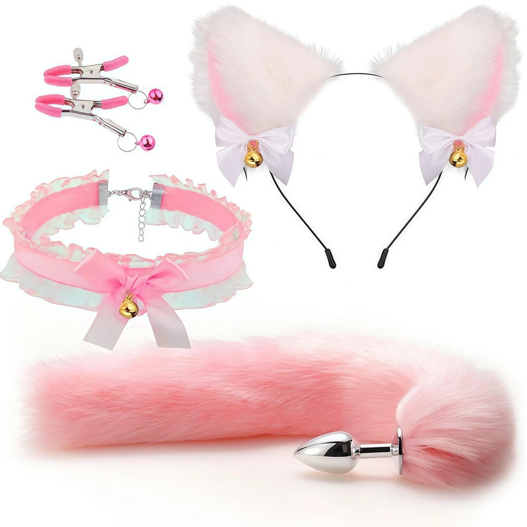 5 In 1 Fox Tail Butt Plug Set Cat Ears Headband Choker Ball Gag Nipple Clamps BDSM Cosplay Pet Play Accessories for Couples