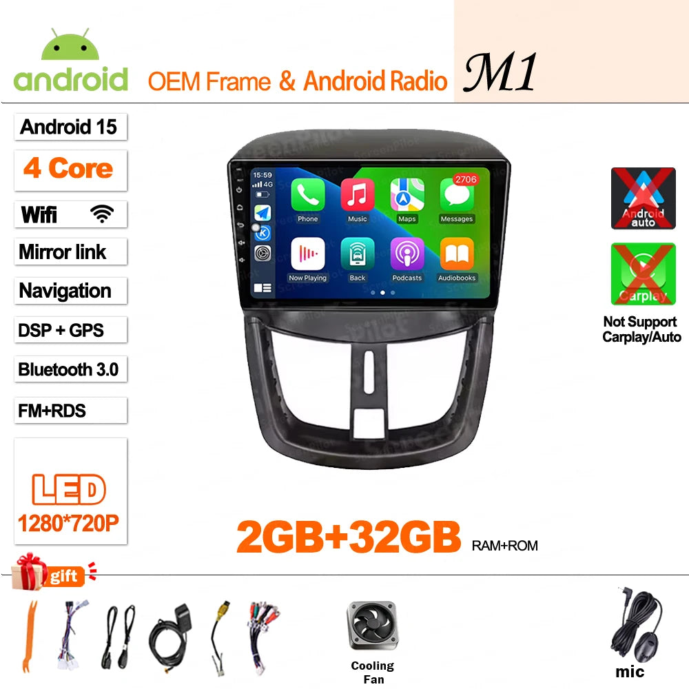 Android 15 For Peugeot 207 207CC 2006 - 2015 Car Radio Multimedia Video Player Stereo Head Unit 2 din Wireless Android Auto Wifi