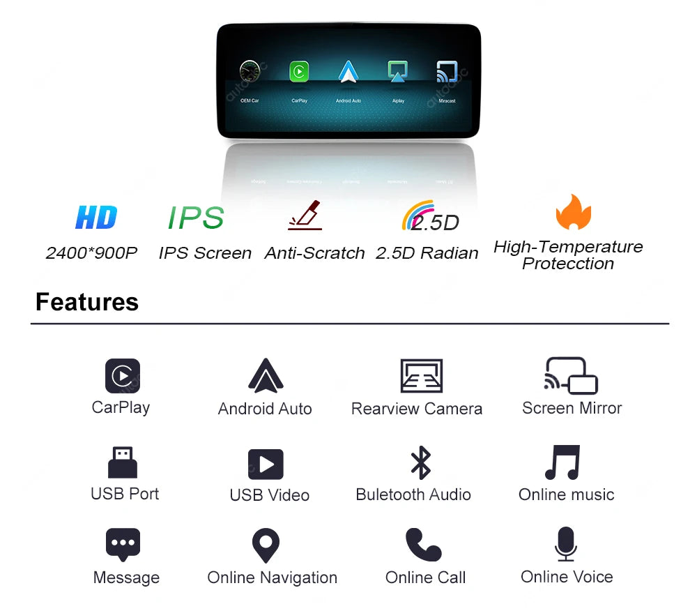 12.3“Wireless CarPlay For Mercedes Benz GLA CLA GLC GLK W205 W176 C117  Ultra thin Touch Multimedia screen with Android Auto BT