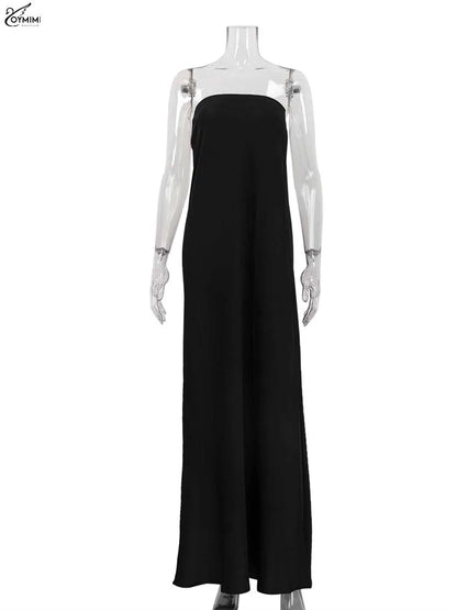 Oymimi Elegant Black Satin Womens Dresses Fashion Strapless Loose Solid Dresses Casual Simple Floor-Length Dress Female Clothing