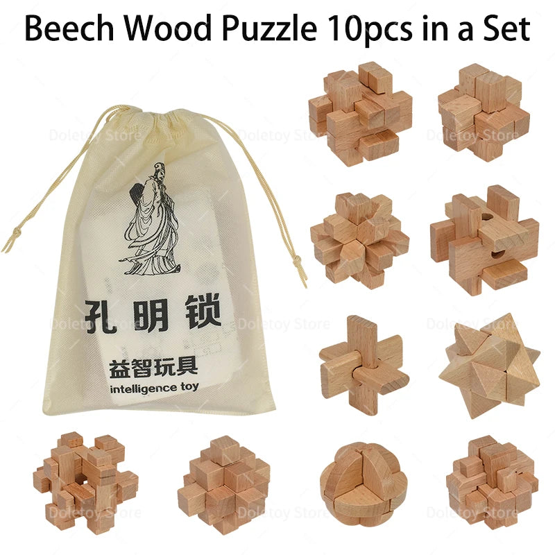 10pcs/lot Kong Ming Luban Lock 3D Handmade Bamboo Math Puzzles Brain Teasers Educational Finger Toy Birthday Xmas Gift