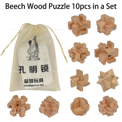 10pcs/lot Kong Ming Luban Lock 3D Handmade Bamboo Math Puzzles Brain Teasers Educational Finger Toy Birthday Xmas Gift