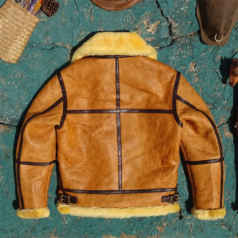 Rare Amber Caramel Color Top-Grain Lambskin Leather Integrated Leather Jacket B6 Style Flight Jacket Warm and Cold-Resistant 5XL