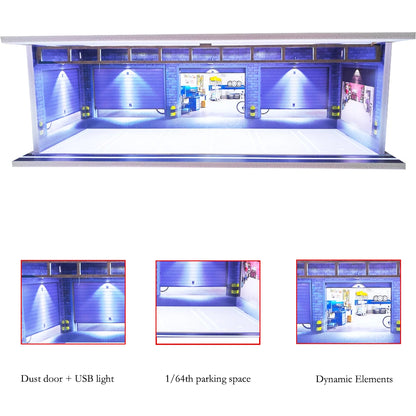1/64 Scale Diecast Car Garage Diorama Model Miniature Case LED Light Parking Garage Diorama Kit for Collectible Cars Model