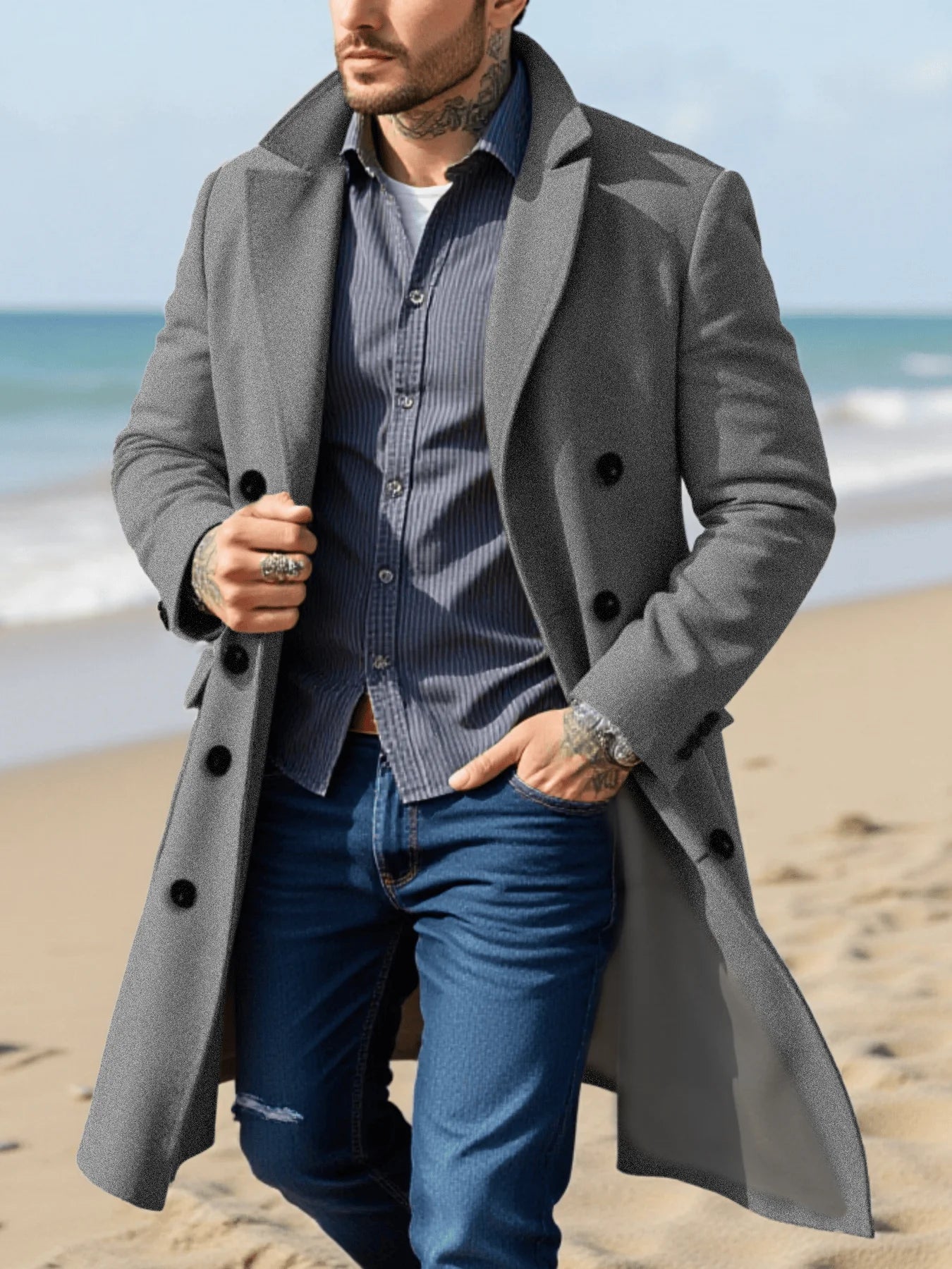 Man's Winter Jacket Foiled Coat Overcoat Padded Liner Double Buckle Accent Solid Tone Outdoor GradeEuro Fit