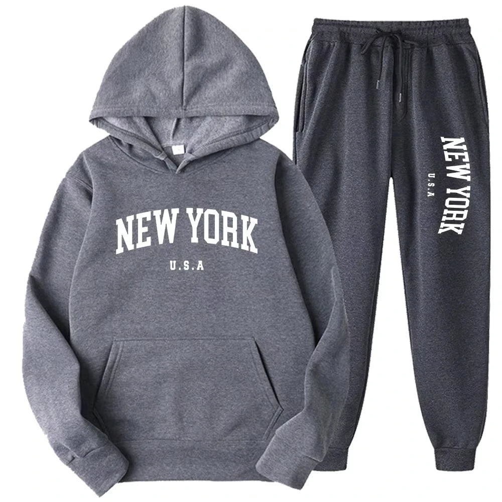 New York Print Hoodies Casual American Style Hoodie Set Mens Autumn Long Sleeves Hooded Loose Pullover Street Sweatshirt