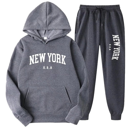 New York Print Hoodies Casual American Style Hoodie Set Mens Autumn Long Sleeves Hooded Loose Pullover Street Sweatshirt