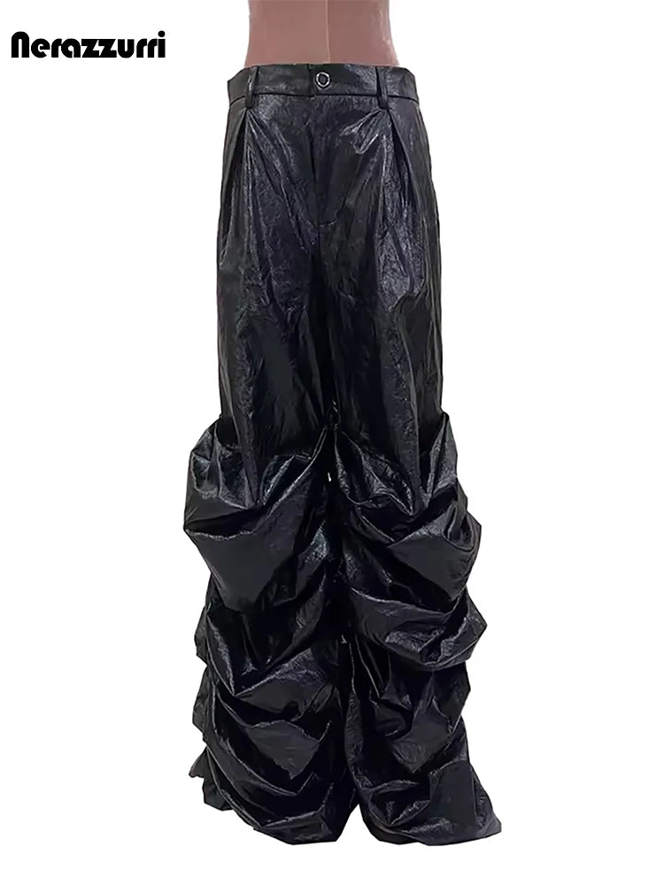 Nerazzurri Autumn Extra Long Soft Flowy Baggy Pu Leather Wide Leg Stacked  Pants for Men Luxury Designer Punk Style Streetwear