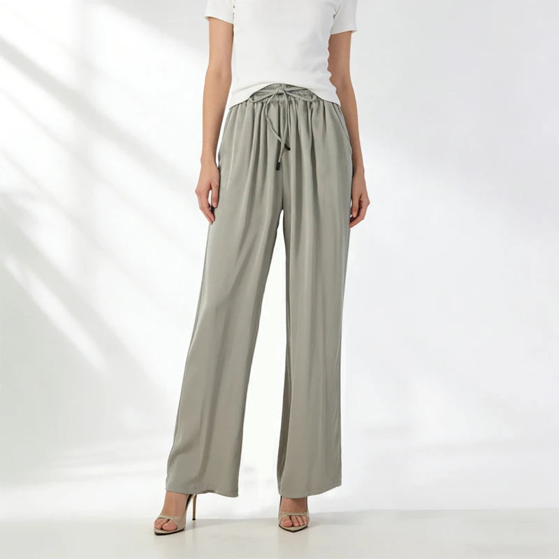 Vertical Naked Feeling 93% Natural Mulberry Silk Elastic Double Qiao Satin Elastic Waist Women's Fashionable Wide Leg Pants
