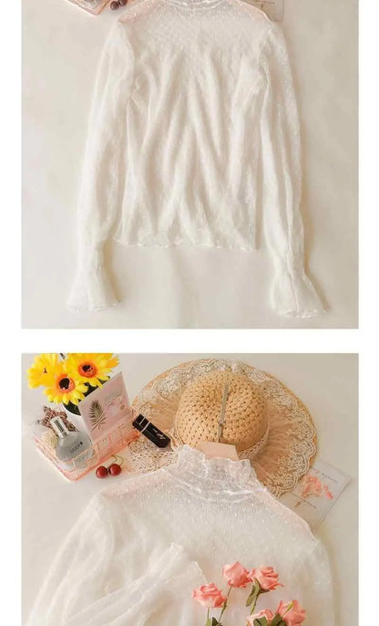 Women's Lace Base Shirt Long Sleeve High Collar Mesh Top 2023 Autumn Fashion Transparent Thin Film Inner Wear Versatile Slim Fit