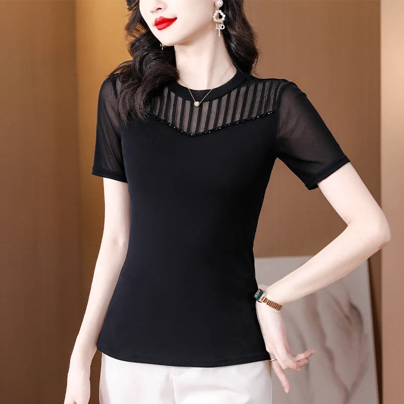 Lace Short Sleeve Slim Fit T-Shirt Women's Summer New Netting Thin Style round Neck Regular Length Pure Color Commute Style