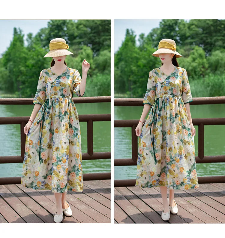 Women's Long Skirt Drawstring Waist Hemp Print A-Line Dress Korean Style Commute Flower Pattern V-Neck Summer Dress