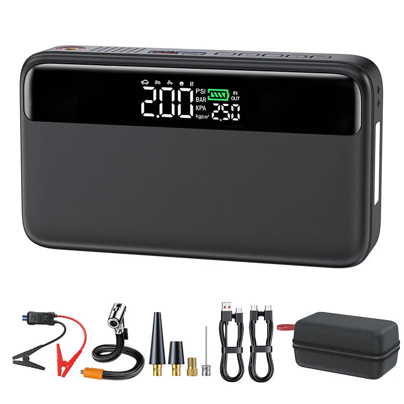 10000 mAh Car Battery Starter&Tire Inflator 12V Booster 65W Fast Charging Emergency Jump Starter LED Light Powerbank Compressor