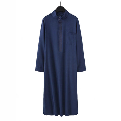 Men's Robe Solid Color Simple Long Sleeve Stand Collar Loose Saudi Islamic Men's Thobe