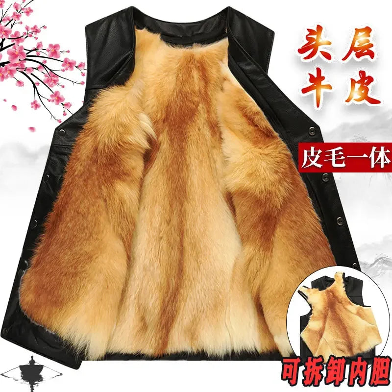 Winter fur Large piece of Genuine Leather Motorcycle Vest Mens Fit Real Cowhide Leather Waistcoat Bikers Vest sleeveless jacket