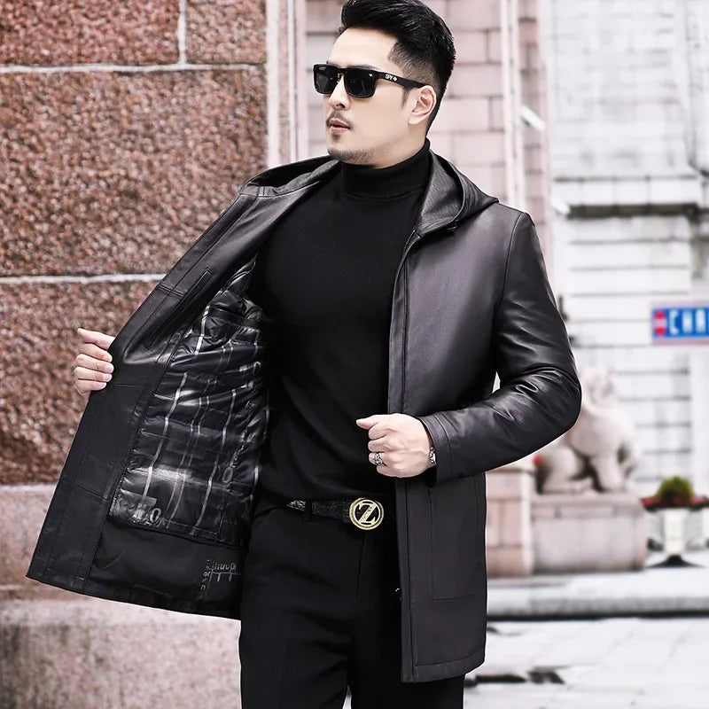 AYUNSUE Winter Jacket Men's Genuine Leather Coats Men Hooded Midi-length Windbreaker Trench Coat Male Real Leather Down Jacket