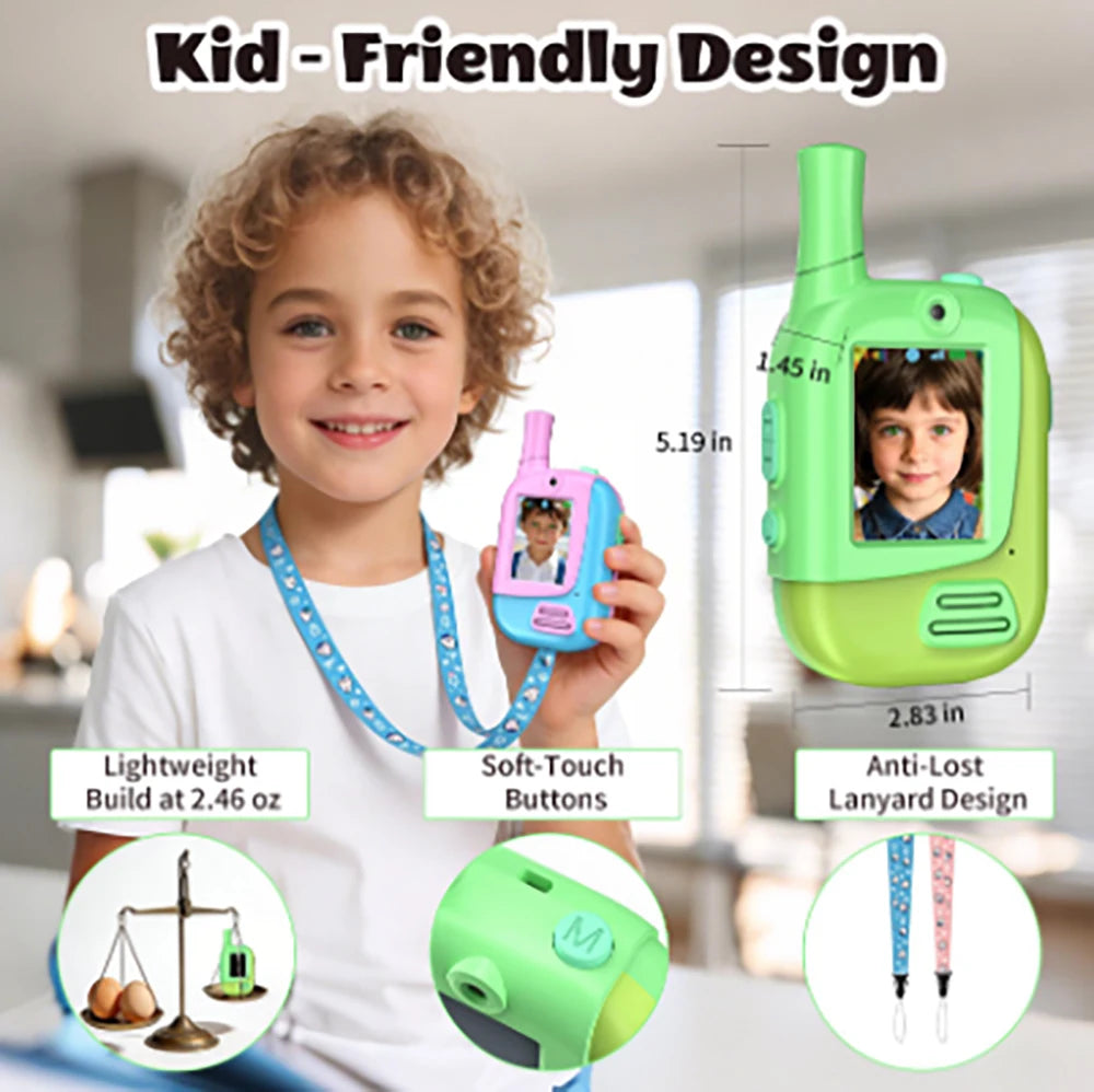 2 Pack Rechargeable Kids Video Walkie Talkies with 4 Voice Changer Functions | Indoor & Outdoor Games, Camping, Hiking, Travel |