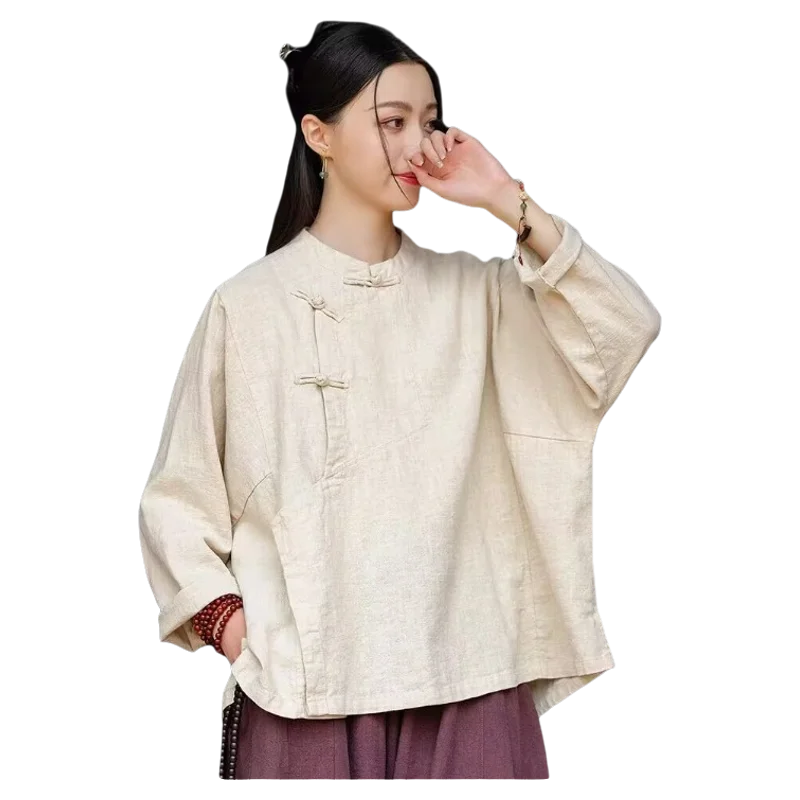 plus Size Women's Cotton Linen Shirt Spring Autumn New Style Zen Clothing Stand Collar Button up Outerwear Fashionable Commut...