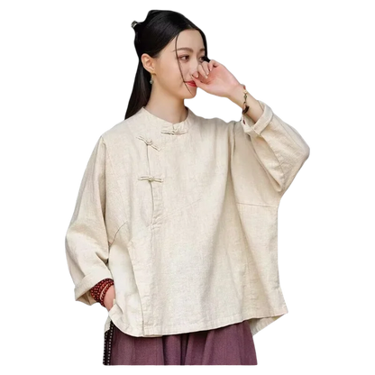 plus Size Women's Cotton Linen Shirt Spring Autumn New Style Zen Clothing Stand Collar Button up Outerwear Fashionable Commut...