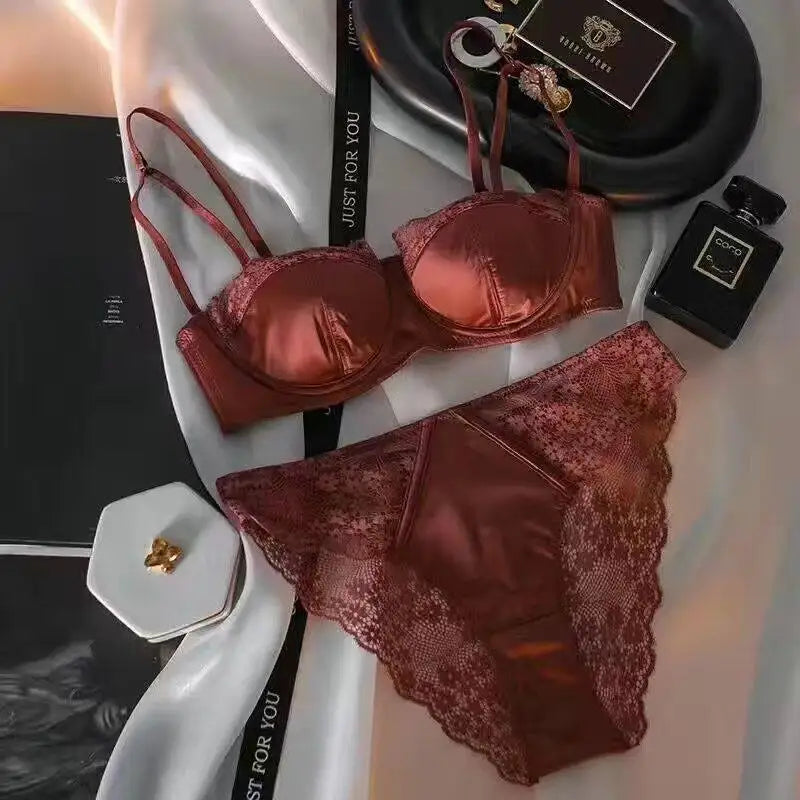 French Half Cup Lace Underwired Bra Set Ladies Thin Push Up Gather Fit No Gap Small Bust Comfortable Sexy Lingerie Two Piece Set